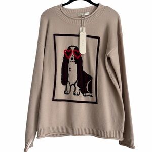 Anthropologie Flat White Dog with Glasses Tan Long Sleeve Sweater Size M